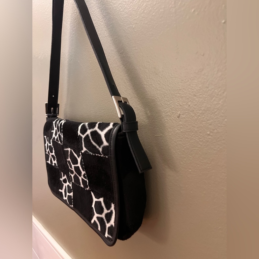 Vintage ESPRIT Cow Print Patchwork Look Shoulder Bag Y2K Purse Black White VTG - Picture 2 of 12